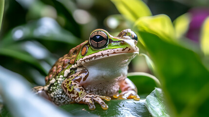 Fototapeta premium Tropical frog in natural habitat, a vibrant symbol of rainforest beauty and unique sound