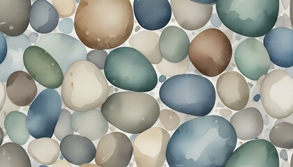 Watercolor Pebble Stone Texture Background with Smooth Stones in Gray, Cream, and Brown
