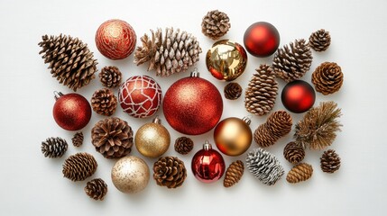 Vibrant holiday ornaments and natural pinecones artfully arranged on a clean white backdrop, capturing the joyful spirit of the festive season.