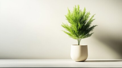 Isolated asparagus plant in a beige pot, showcasing lush green fronds, set against a soft white background for a minimalist aesthetic.