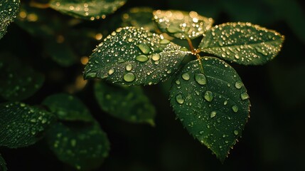Lush green leaves adorned with delicate water droplets illuminated by sunlight, showcasing a stunning bokeh effect of morning dew in a macro view.