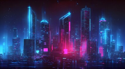 Obraz premium Metaverse Futuristic technology smart city.. Digital futuristic data skyscrapers on technological blue background. Business, science, internet concept,big data connection technology concept. 3d render