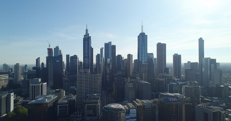 Modern Skyline with High-Rise Office Buildings under Blue Sky