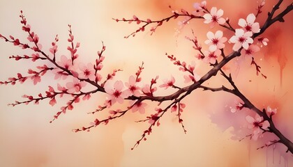 Serene spring background with cherry blossoms and lilacs on a light beige canvas evoking tranquility