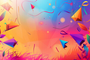 Beautiful greeting card with colorful kites soaring high above vibrant sky to holiday composition