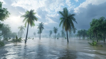 Overwhelmed tropical landscape with palm trees submerged in floodwaters after a hurricane, highlighting the devastation and high water levels.