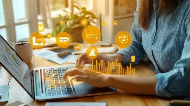 Businessman Analyzing Growth Performance Using Laptop and Tablet with Futuristic Marketing Data Visualizations in a Modern Office