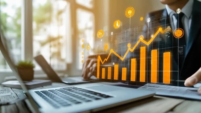 Businessman Analyzing Growth Performance Using Laptop and Tablet with Futuristic Marketing Data Visualizations in a Modern Office