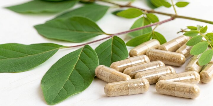 Close-up of Tongkat ali plant and capsules, Tongkat ali, plant, herbal, supplement, extract, natural, traditional