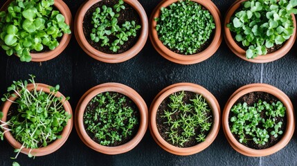 Microgreens in terracotta pots showcasing a variety of vibrant, nutritious plants highlighting sustainable food choices and gardening aesthetics.