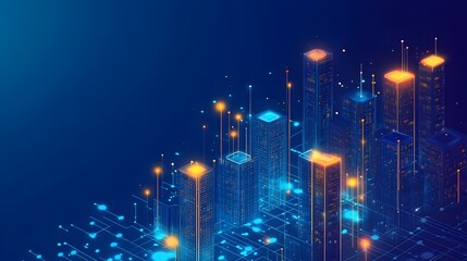 Metaverse Futuristic technology smart city.. Digital futuristic data skyscrapers on technological blue background. Business, science, internet concept,big data connection technology concept. 3d render