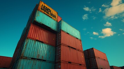 Fototapeta premium Stack of Colorful Shipping Containers Against a Clear Blue Sky Highlighting Industrial Transport and Global Trade Activities in a Modern Harbor Setting