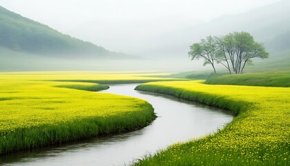 Obraz premium A serene landscape featuring a winding river through vibrant yellow fields and misty hills.
