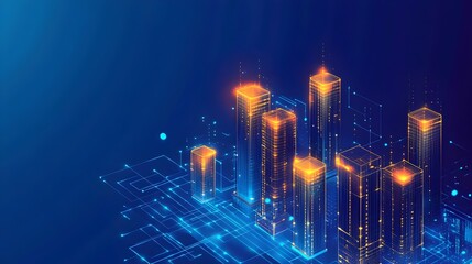 Fototapeta premium Metaverse Futuristic technology smart city.. Digital futuristic data skyscrapers on technological blue background. Business, science, internet concept,big data connection technology concept. 3d render