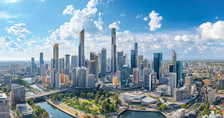 Obraz premium Modern Skyline with High-Rise Office Buildings under Blue Sky