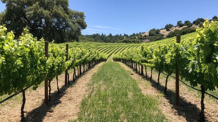 Naklejka premium Vibrant green grapevines stretch across a wide vineyard under clear blue skies, showcasing neatly arranged rows and a lush landscape.