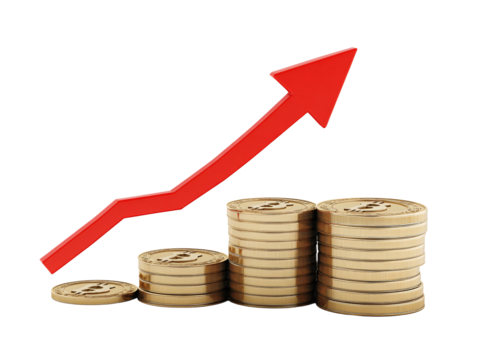a stack of coins with a red arrow pointing up