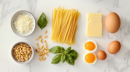 Fresh culinary ingredients for Italian pasta sauce including spaghetti, eggs, pine nuts, basil, and grated cheese on a marble countertop.