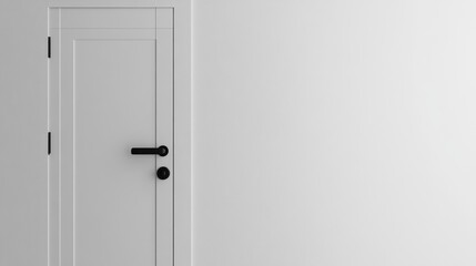 Fototapeta premium Minimalist white door with sleek black handle and lock against a smooth white wall, perfect for contemporary interior design and home improvement inspiration.