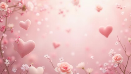 A Dreamy Valentine's Day Scene: Pink Hearts, Blossoming Flowers, and a Soft, Romantic Atmosphere, Perfect for Love and Romance-Themed Designs