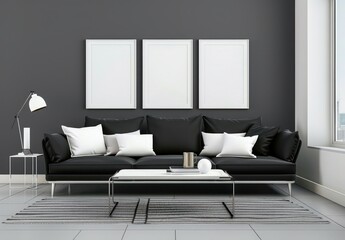 A minimalist living room with a black sofa, a white coffee table, two framed moon posters, a potted plant, and a rug
