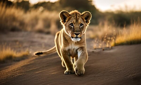 Baby lion in the savannah.