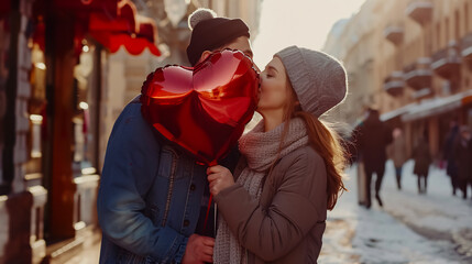 A couple shares a kiss on the street, holding a heart-shaped balloon. Valentine's Day vibes filled with love and gifts.