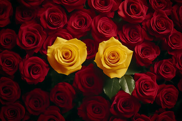 Obraz premium Striking Contrast of Red and Yellow Roses. A close-up view of a profusion of red roses, with two vibrant yellow roses subtly contrasting amidst them.