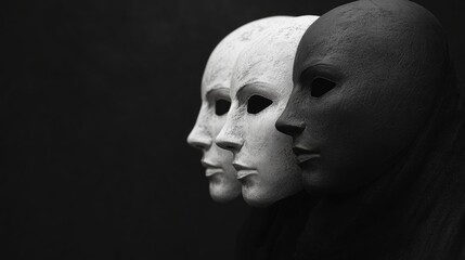 Monochrome Masks in a Line Featuring Subtle Textures and Expressive Features Against a Dark Background