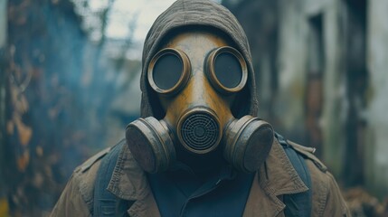 Person in a gas mask surveying a desolate, war-torn landscape surrounded by debris, emphasizing survival in a post-apocalyptic setting.