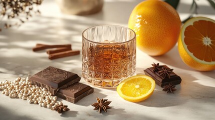 Whiskey glass displaying rich amber liquid, surrounded by fresh citrus slices, dark chocolate bars, star anise, and barley grains for an inviting, elegant setup.