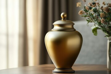  An urn on a wooden table in a bright room.