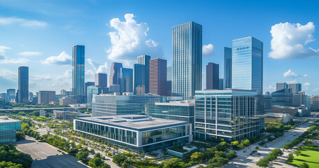 Modern Skyline with High-Rise Office Buildings under Blue Sky
