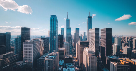 Obraz premium Modern Skyline with High-Rise Office Buildings under Blue Sky