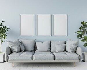 Minimalist living room interior with a gray sofa, three blank frames on the wall, and white wooden floor