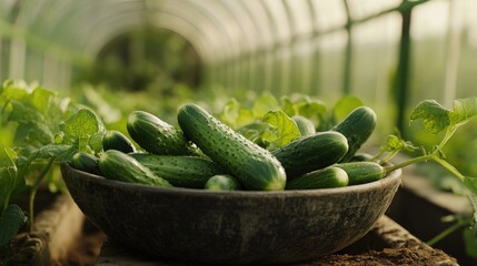 Fresh organic cucumbers arranged in a rustic bowl surrounded by vibrant greenery in a greenhouse, perfect for agricultural themes and promotional uses.