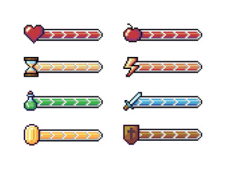 8bit pixel arcade game experience bars and energy levels, vector UI interface elements. Arcade video game life, power and health load, gauge, meters and progress bars with coins score. © Анатолий Жуков