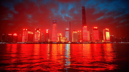 Illuminated city skyline reflecting on water at night under dramatic cloudy sky