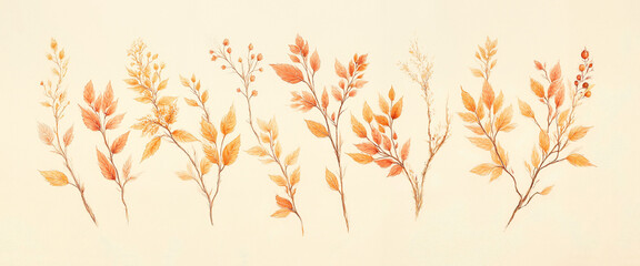 Watercolor autumn leaves and rosehip branches