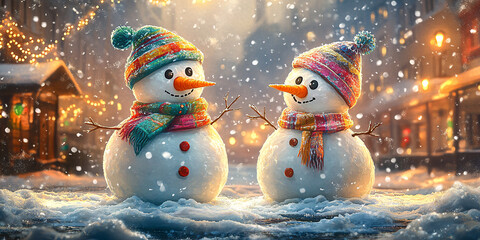 Obraz premium Snowman In Defocused Wintry Landscape, Snowman with Christmas gift on snow