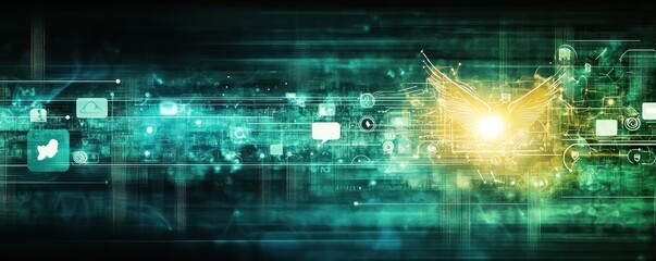 Fototapeta premium Abstract digital design featuring glowing elements and icons representing technology and communication.