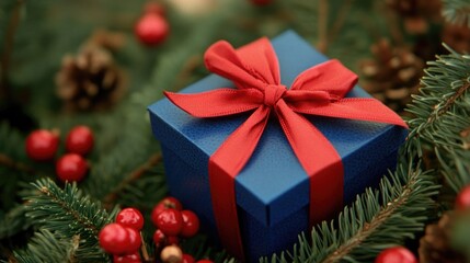 Elegant blue gift box with a red ribbon and bow amongst holiday greenery and festive decorations, featuring pine cones and red berries.