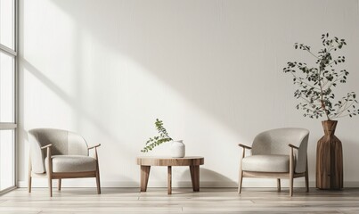 Two comfortable armchairs with a wooden coffee table in front of a white wall with natural wood paneling. a potted plant and a wooden floor