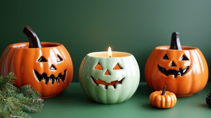 Colorful ceramic pumpkins and jack o' lanterns with candles, arranged against a pine green background, showcasing a festive autumn atmosphere.