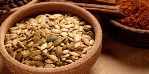 Naklejka premium Bowl of Pumpkin Seeds with Wooden Utensils on a Rustic Table