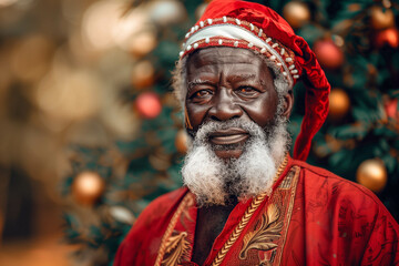 Fototapeta premium African Santa Claus dressed traditionally for a multicultural Christmas celebration with festive holiday spirit