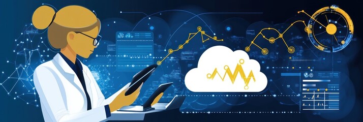 A scientist analyzes data with digital tools, showcasing cloud technology and analytics.