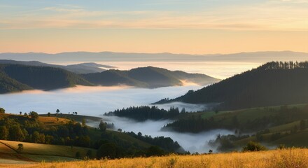 Misty sunrise rolling hills valleys