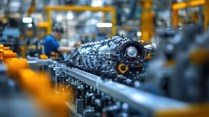 Fototapeta premium Engine assembly line with automotive engineers collaborating on hybrid technology, showcasing precision and teamwork in modern factory setting
