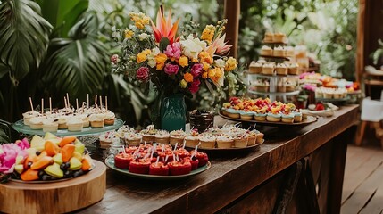 Exquisite dessert display at outdoor event tropical garden culinary showcase lush environment inviting perspective